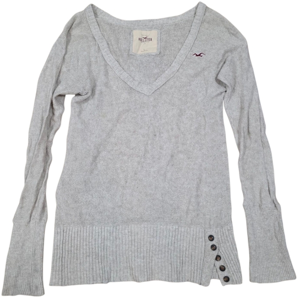 Hollister Vintage Grey Cream Knit Long Sleeve Vneck - Picture 4 of 6